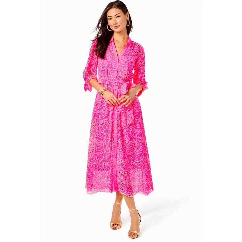 Lilly Pulitzer Amrita Midi Shirt Dress Pink Eyelet Button Front Size 8 No Slip